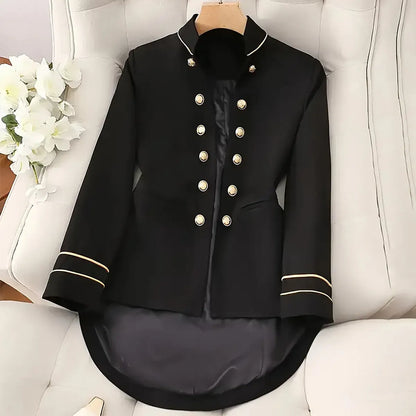 Women's slim irregular polyester coat with black ribbon lining, regular sleeve, 50cm length, sizes S-XXL