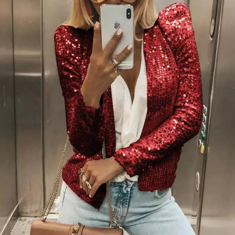 Women's Slim Fit Sequin Coat Short Casual Versatile Small Jacket in 17 Colours Sizes S to XXXL Regular Sleeve 50cm Length Asian Sizing