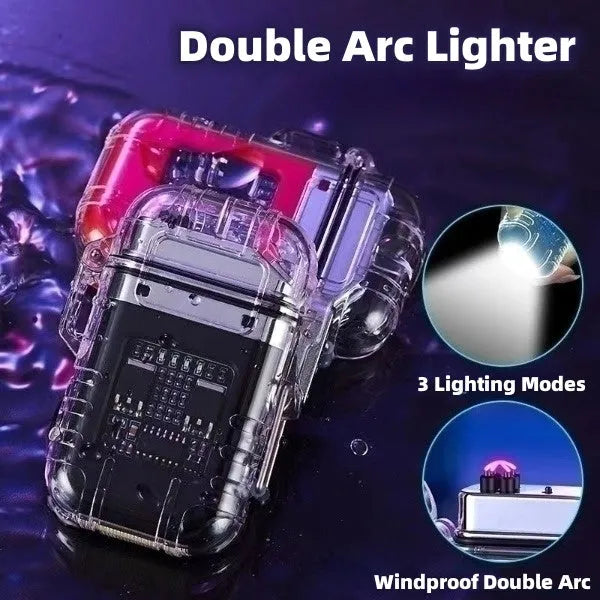 Transparent shell electronic lighter showing plasma arc with detachable pocket clip and paracord lanyard