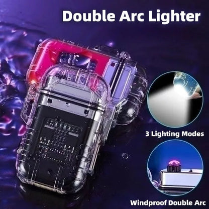Transparent shell electronic lighter showing plasma arc with detachable pocket clip and paracord lanyard