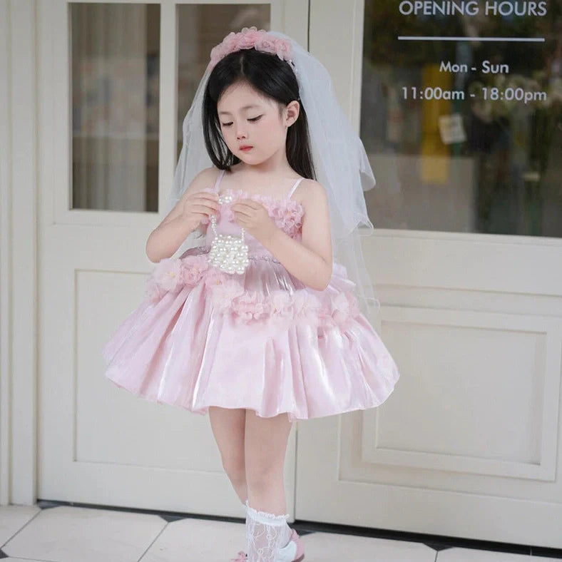 Pink polyester flower girl wedding pettiskirt with princess design, shown on mannequin