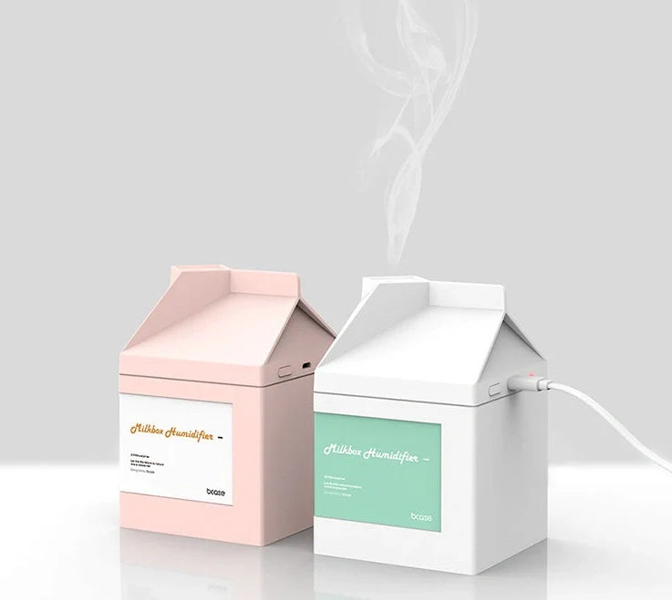 White milk carton shaped USB humidifier with 260ml capacity measuring 75mm x 75mm x 113mm