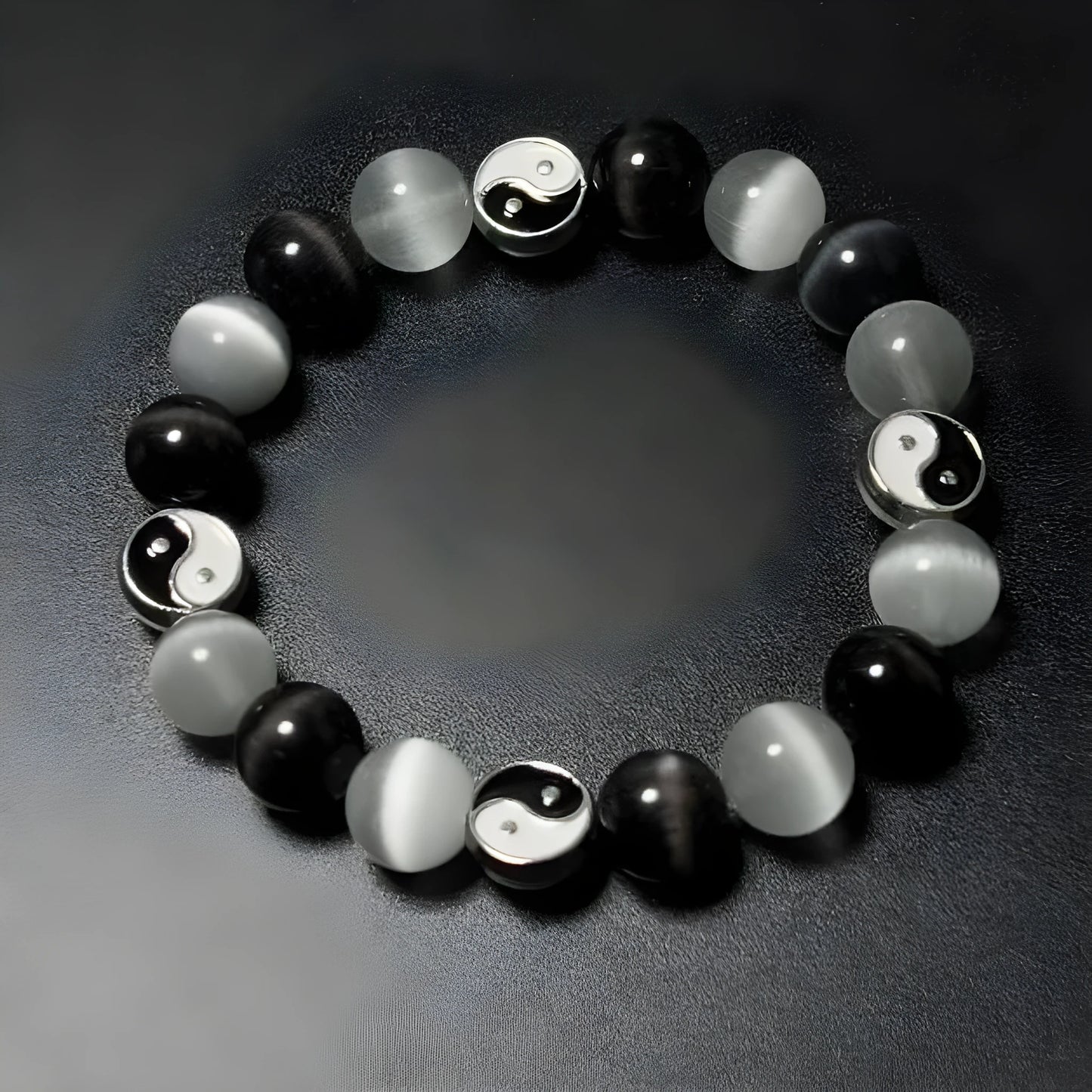 Natural opal and black agate Tai Chi bracelet with 10mm beads in Chinese unisex design