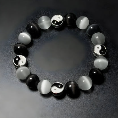 Natural opal and black agate Tai Chi bracelet with 10mm beads in Chinese unisex design