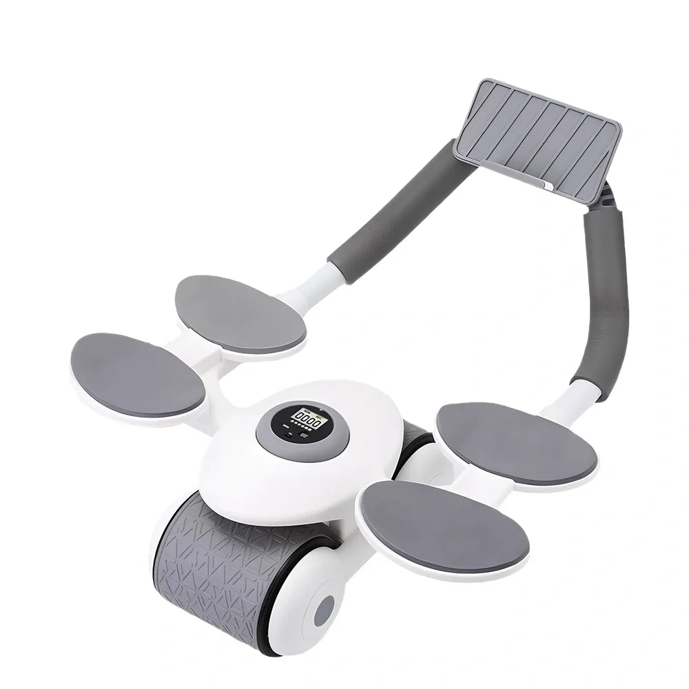 Black abdominal exercise wheel with four elbow support pads on grey floor