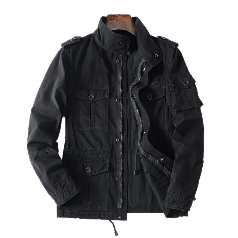Men's loose-fit cotton zip jacket in retro style showing black, army green, and coffee colour options