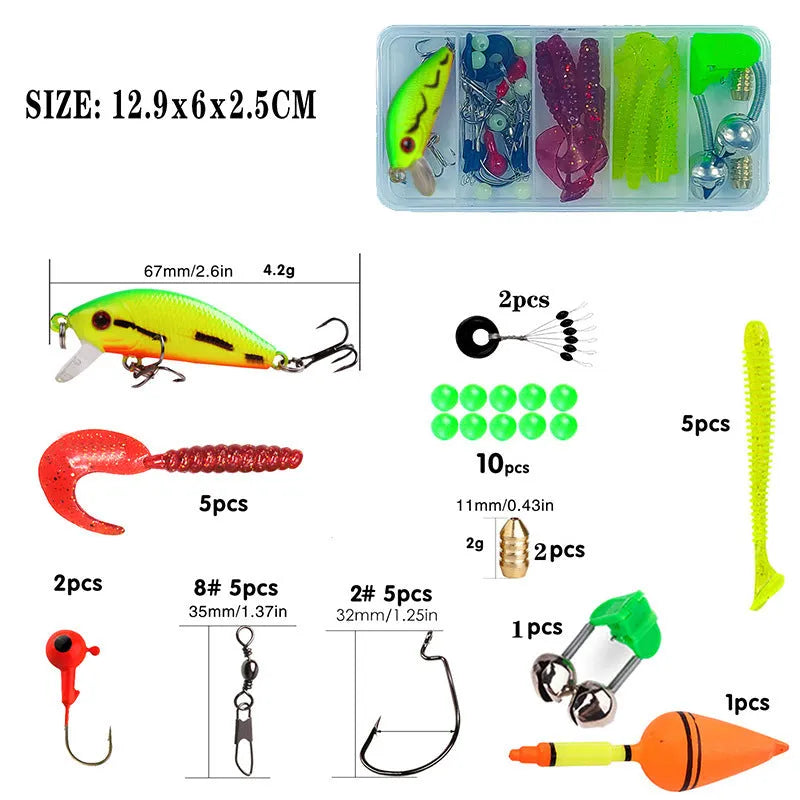Children's fishing rod and reel set with pole, wheel, and bait accessory box in blue colour