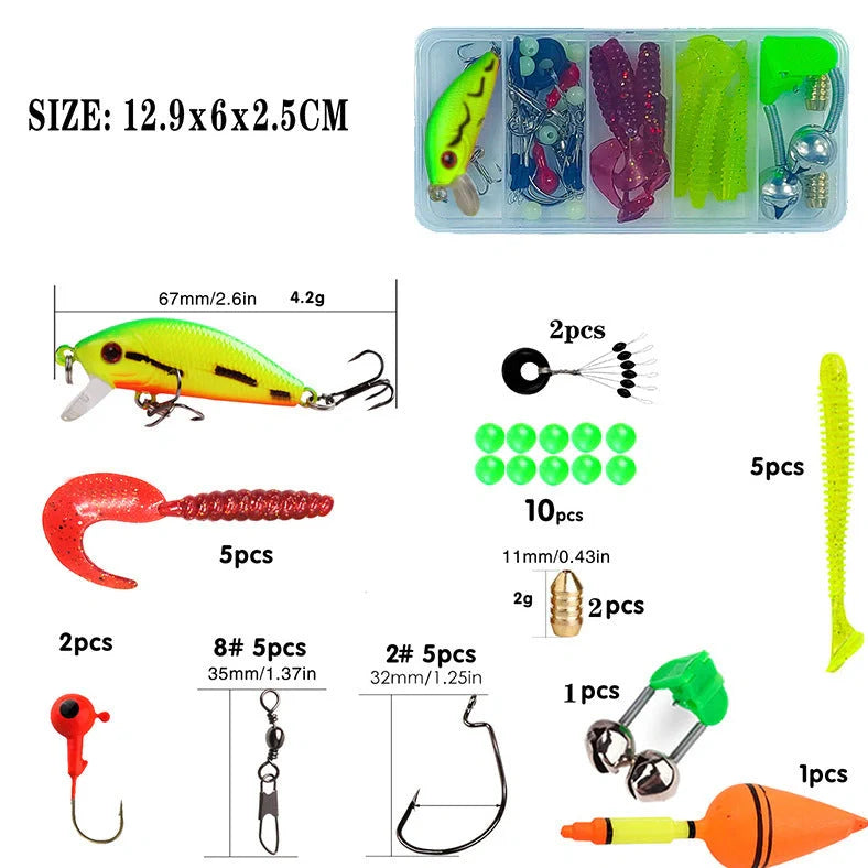 Children's fishing rod set with pole and wheel in four colour options including bait accessory box