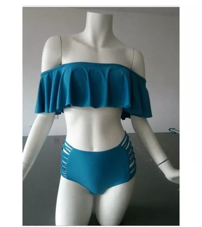 High waist one shoulder split bikini swimsuit with braided detail in various colors