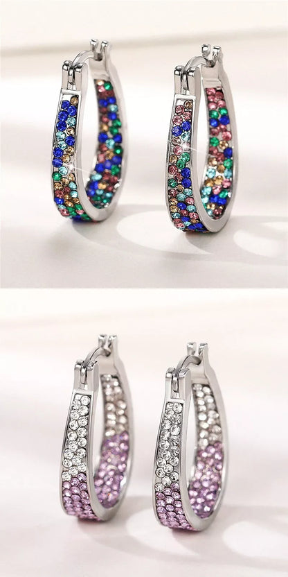 Colorful geometric diamond earrings for women in pink, purple, sky blue, and multicolor options