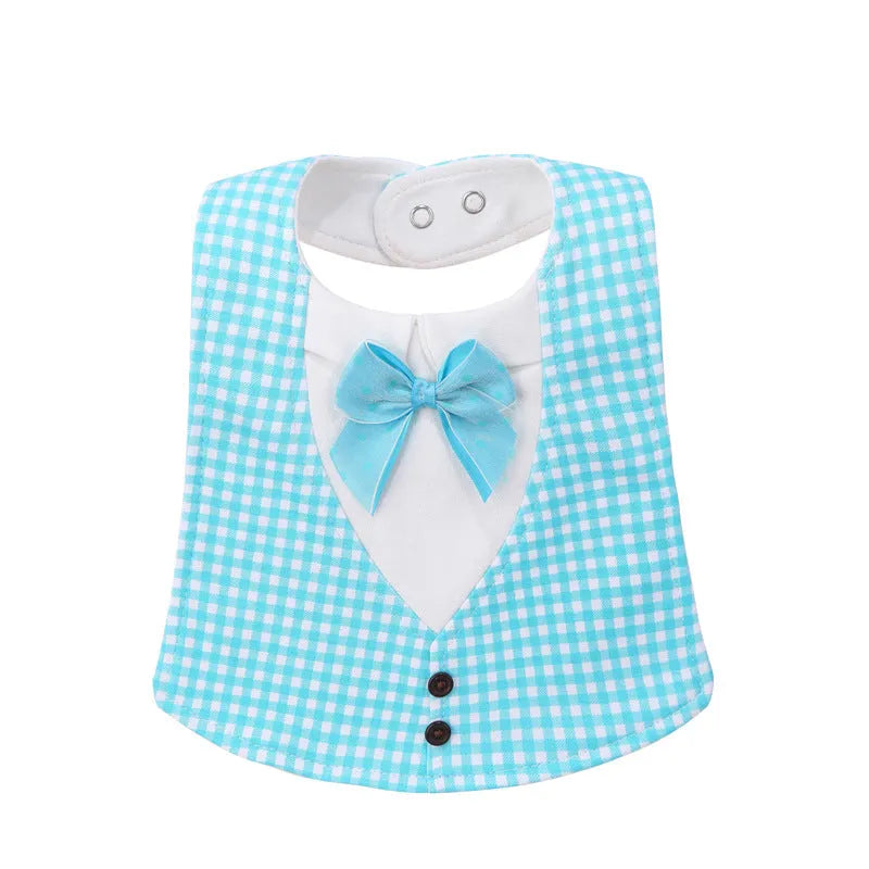 Adjustable baby bow tie bib in four-layer waterproof design, free size, shown in a choice of colour prints