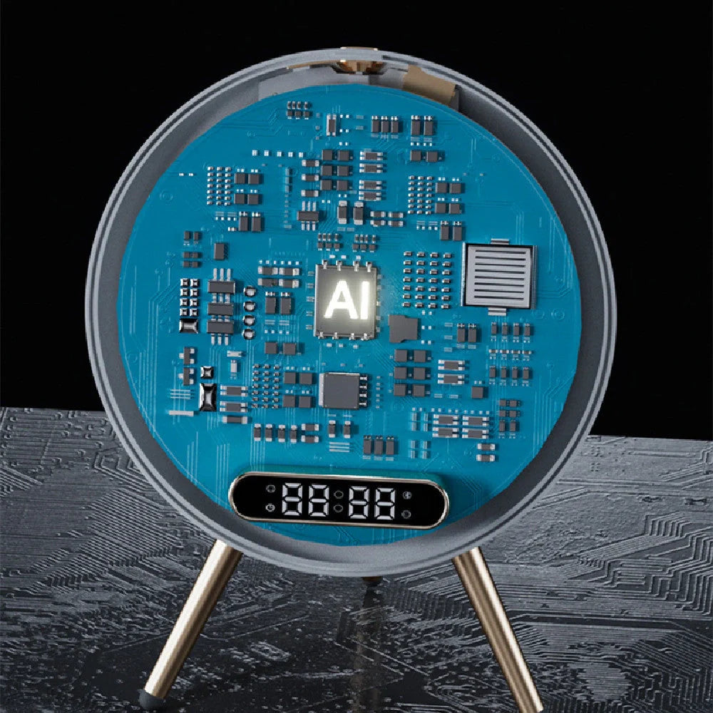 Multi-function LED mirror alarm clock with wireless charging and Bluetooth speaker in blue and white