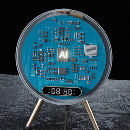 Multi-function LED mirror alarm clock with wireless charging and Bluetooth speaker in blue and white