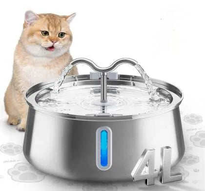 Stainless steel round pet water dispenser with 4L capacity and multiple outlet options