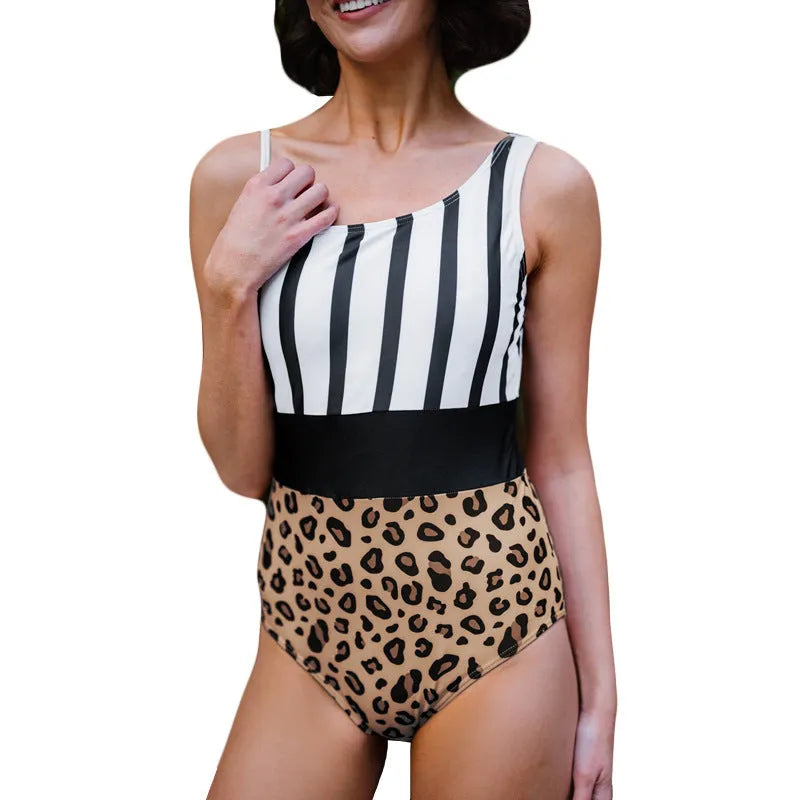 Women's leopard print one-piece swimsuit with asymmetric collar and high waist triangle briefs design