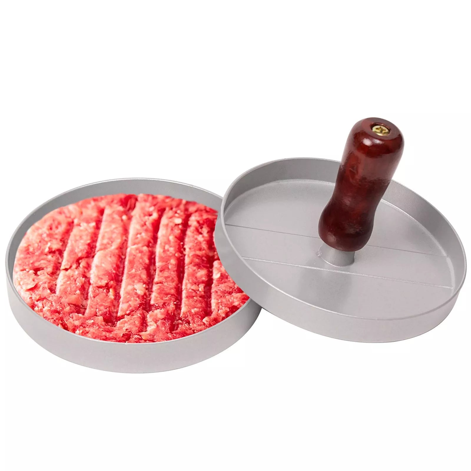 Mini burger press with wood handle for making slider patties, BPA-free aluminum alloy