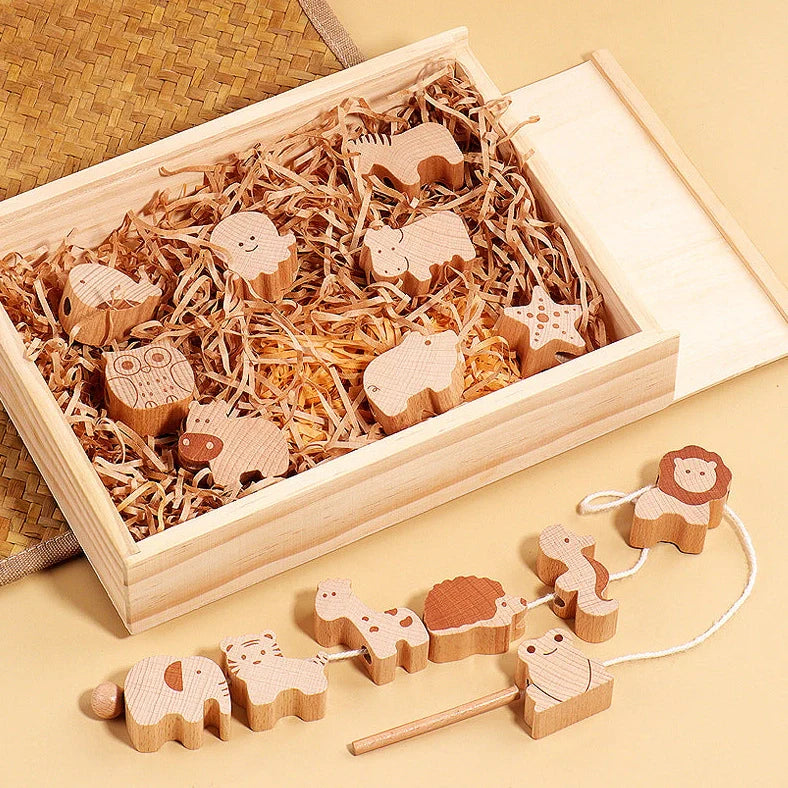 Beech wood animal string beads children's toy measuring 29.5x22x5.5cm with building blocks and rope