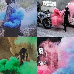 Vibrant colored smoke bombs creating a dramatic, captivating atmosphere for photography, events, and live performances.