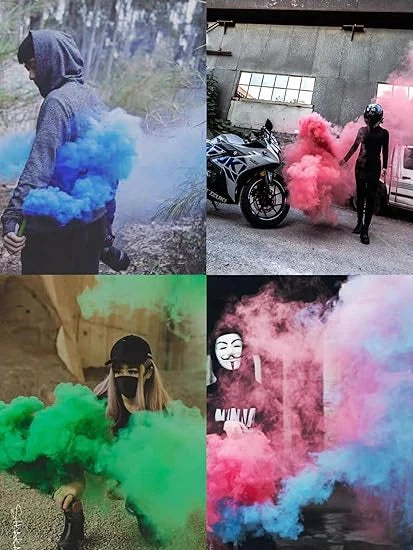 Vibrant colored smoke bombs creating a dramatic, captivating atmosphere for photography, events, and live performances.