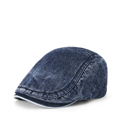 Men's denim baseball cap with flat crown in Korean style, shown in multiple colour options