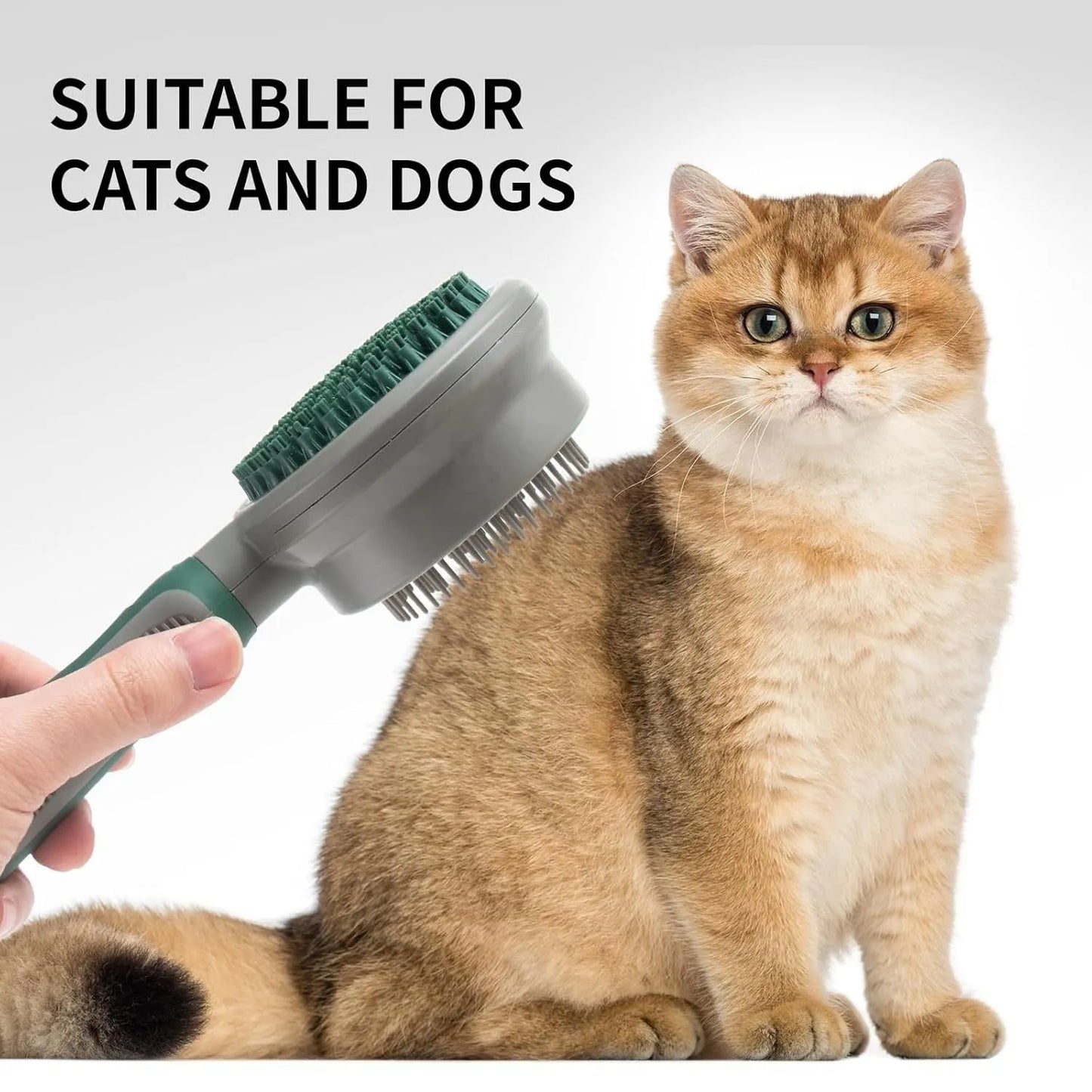 Green and pink two-sided pet brush showing retractable slicker bristles and silicone massage nubs on a white background.