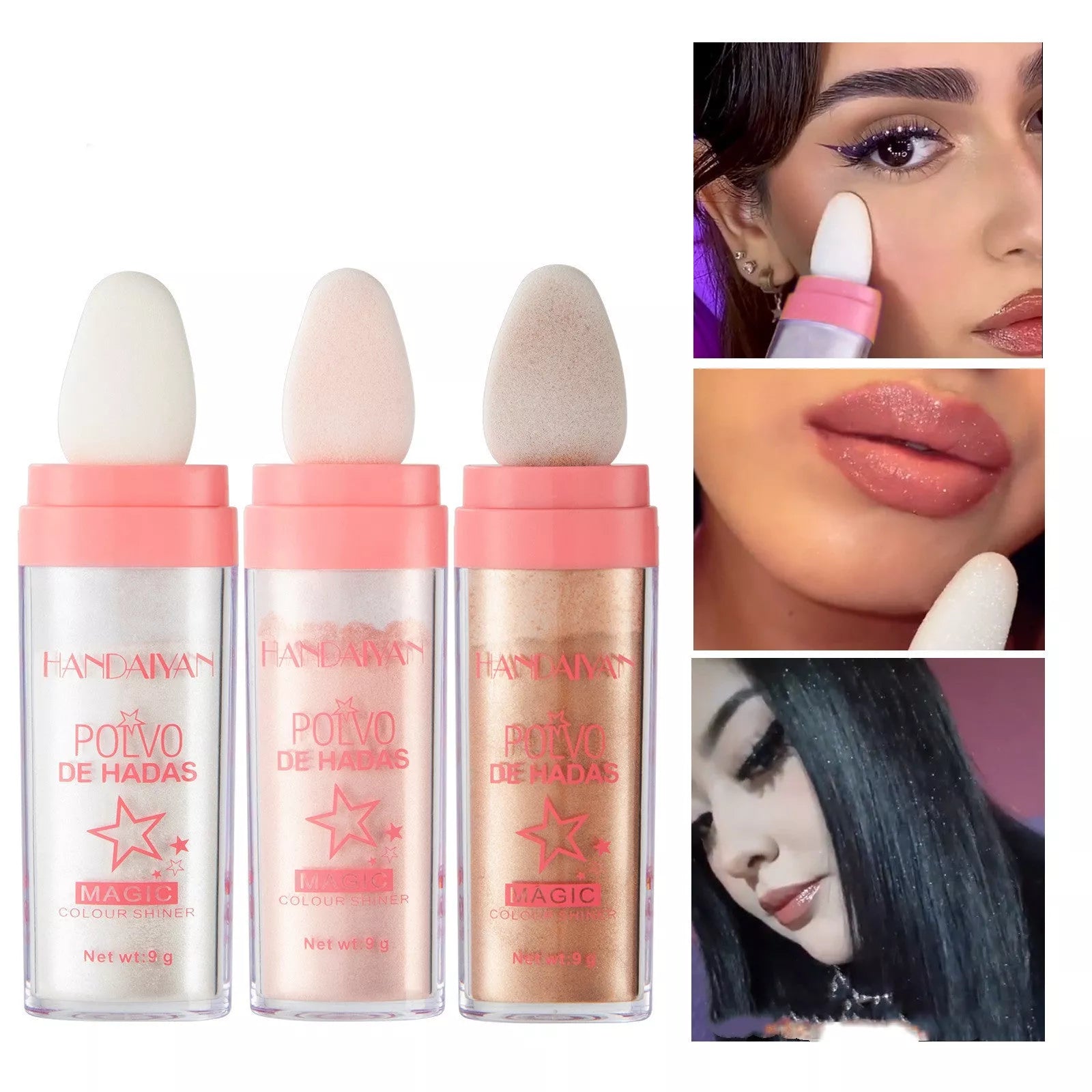 Fairy Highlight Pat Powder in white, pink, and golden brown shades for brightening and skin repair