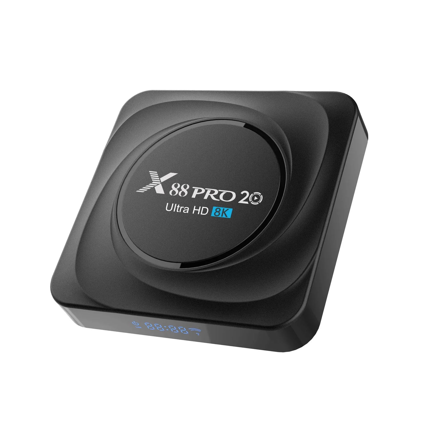 Android dual-band WiFi Bluetooth TV set-top box with remote control on a table