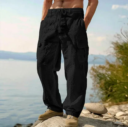 Men's thin cotton wide-leg casual trousers in light army green colour, showing loose fit and mid-waist design