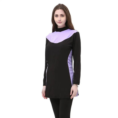 Conservative black women's swimsuit with long sleeves, a hood, and rose red panels.