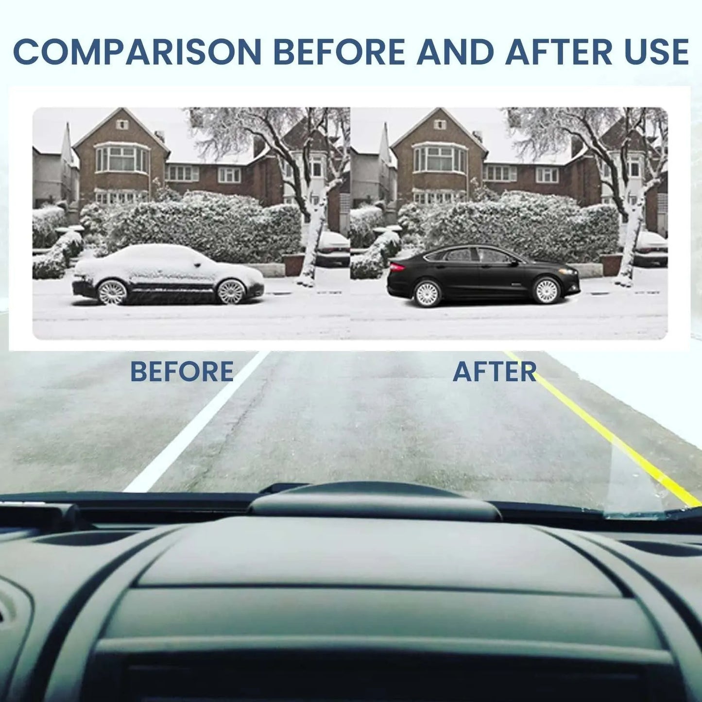 Black car deicer tool for snow removal measuring 5cm long on vehicle dashboard