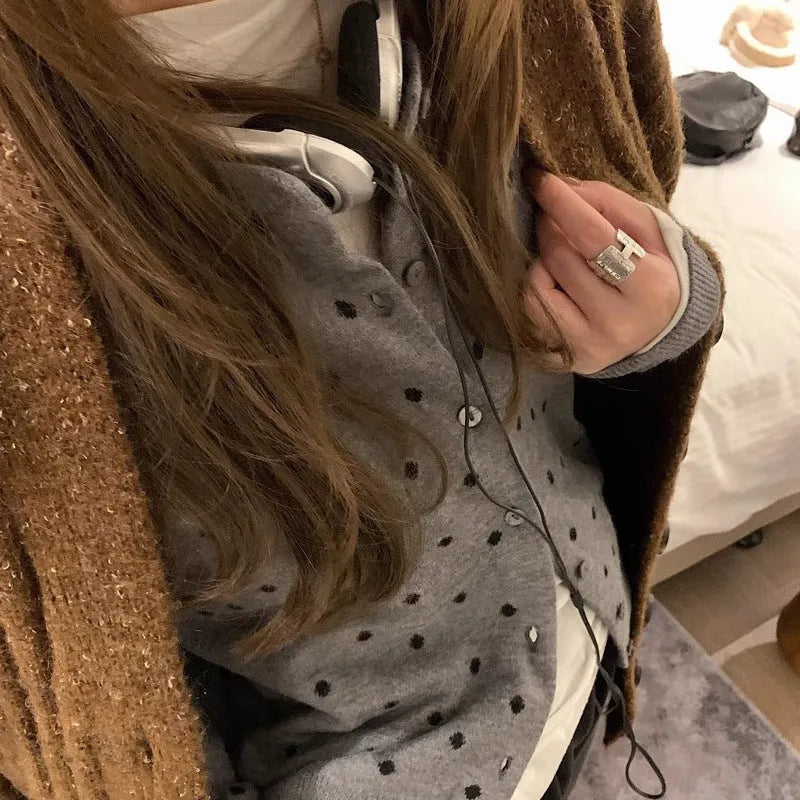 Women's gray dot knitted cardigan with viscose fabric, long sleeves, and crocheted flower details