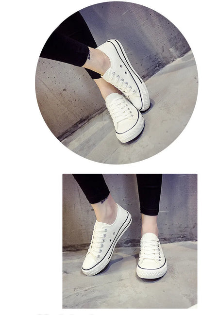 Women's low-top canvas shoes in solid colours on a plain background, showing rubber sole and classic casual style.