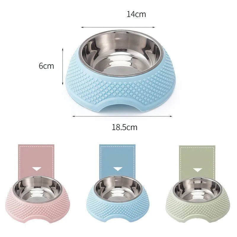 Blue stainless steel pet bowl with non-slip weighted base on a plain surface.