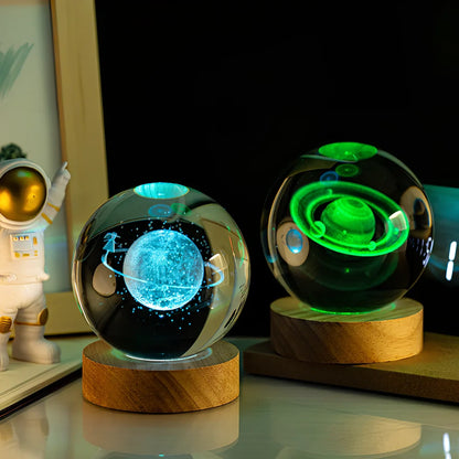 6cm crystal ball night light with Milky Way design on colourful base, USB cable connected