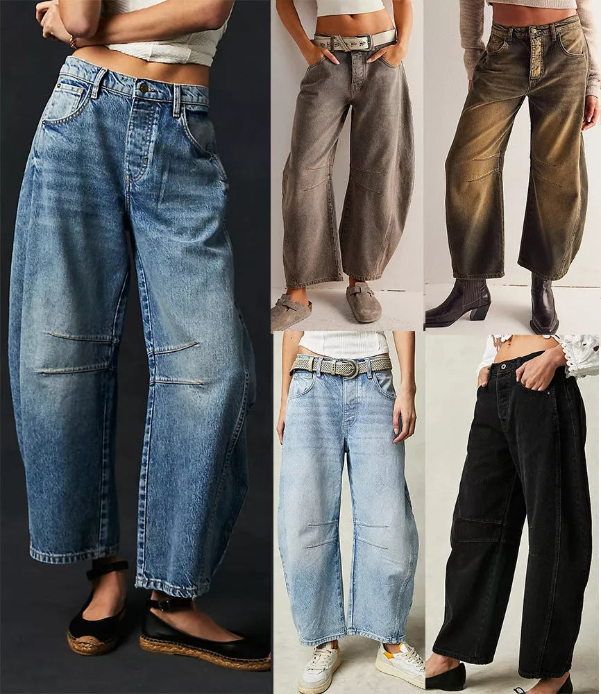 Women's mid-rise barrel jeans with wide leg design in various colors