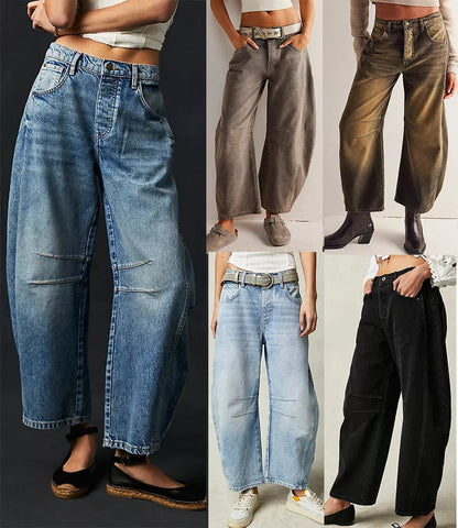 Women's mid-rise barrel jeans with wide leg design in various colors