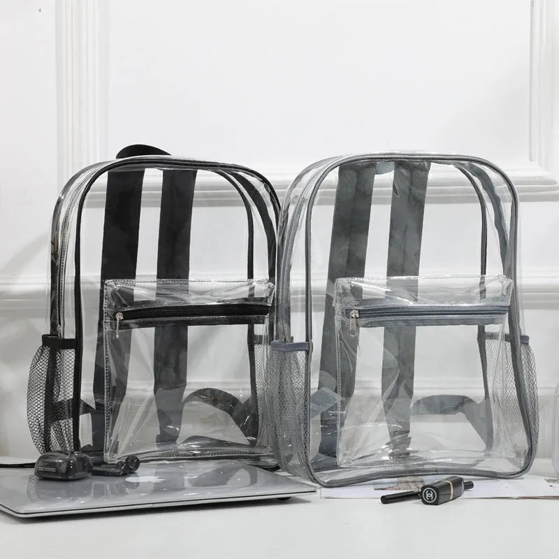 Transparent PVC travel backpack showing contents through clear material with 50 litre capacity