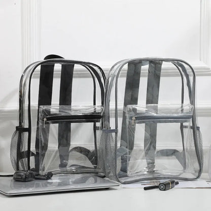 Transparent PVC travel backpack showing contents through clear material with 50 litre capacity