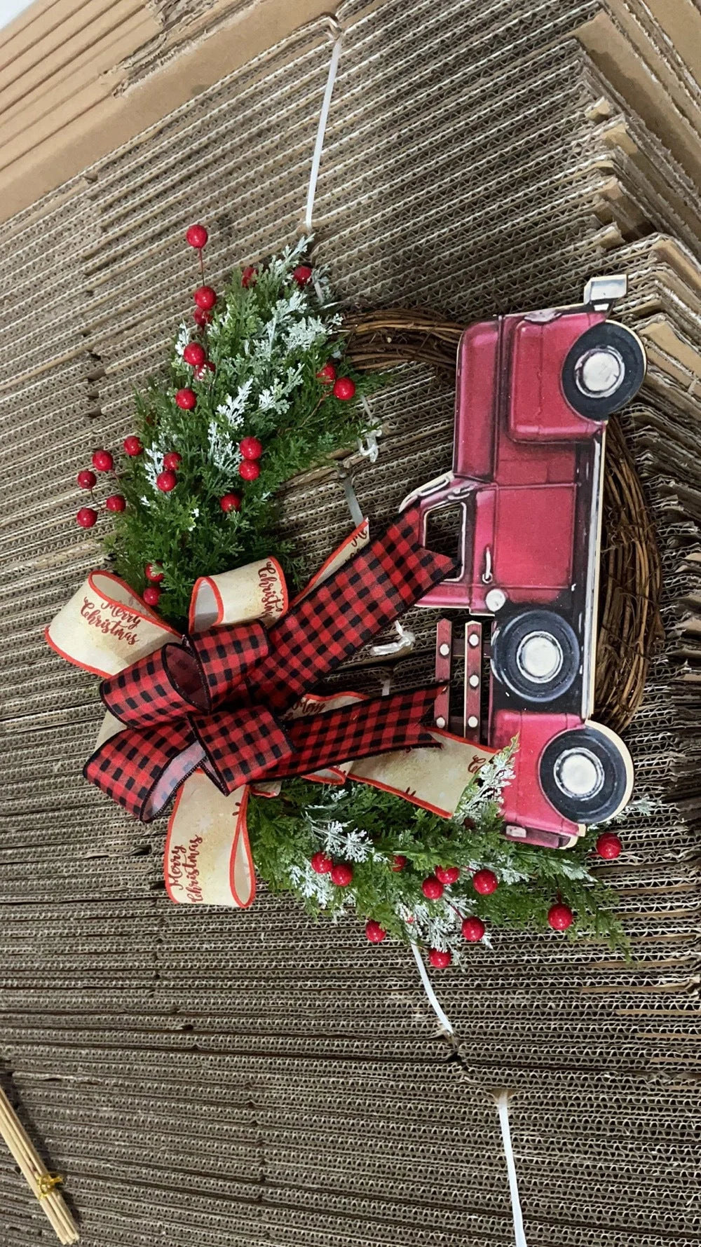 Red truck wooden Christmas garland with pumpkin accents for festive holiday decor