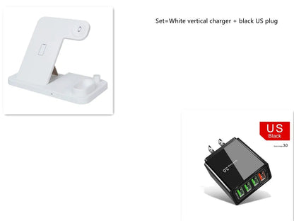 4-in-1 wireless charging station with adjustable magnetic stand charging phone, watch, AirPods, and Apple Pencil