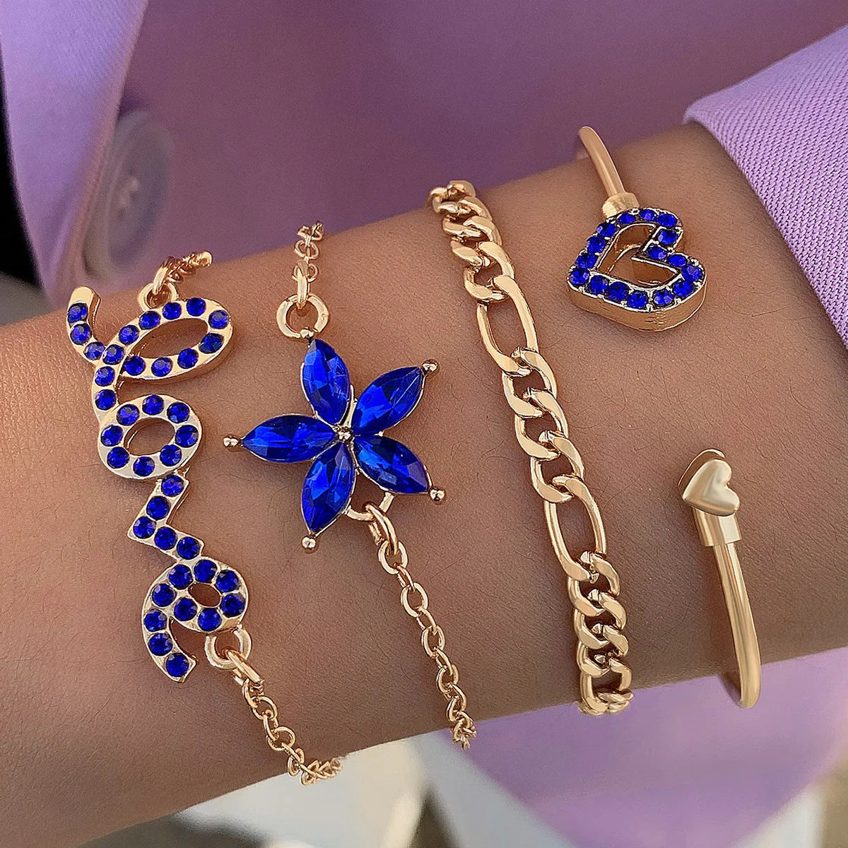 4-piece blue flower love butterfly bracelet set with rhinestones, perfect for Valentine's Day