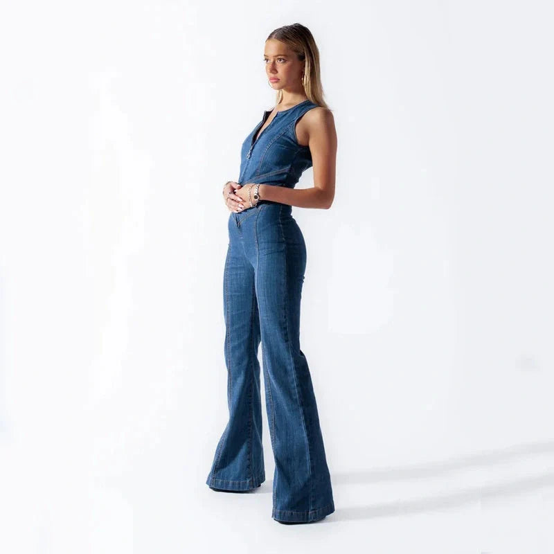 Women's summer slim heart-shape backless denim jumpsuit with halter neck in blue, red, and white