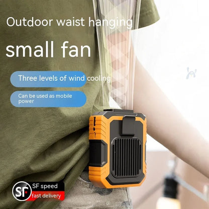 Green wrist hanging fan with light and USB power bank on a person's arm, showing three speed buttons.