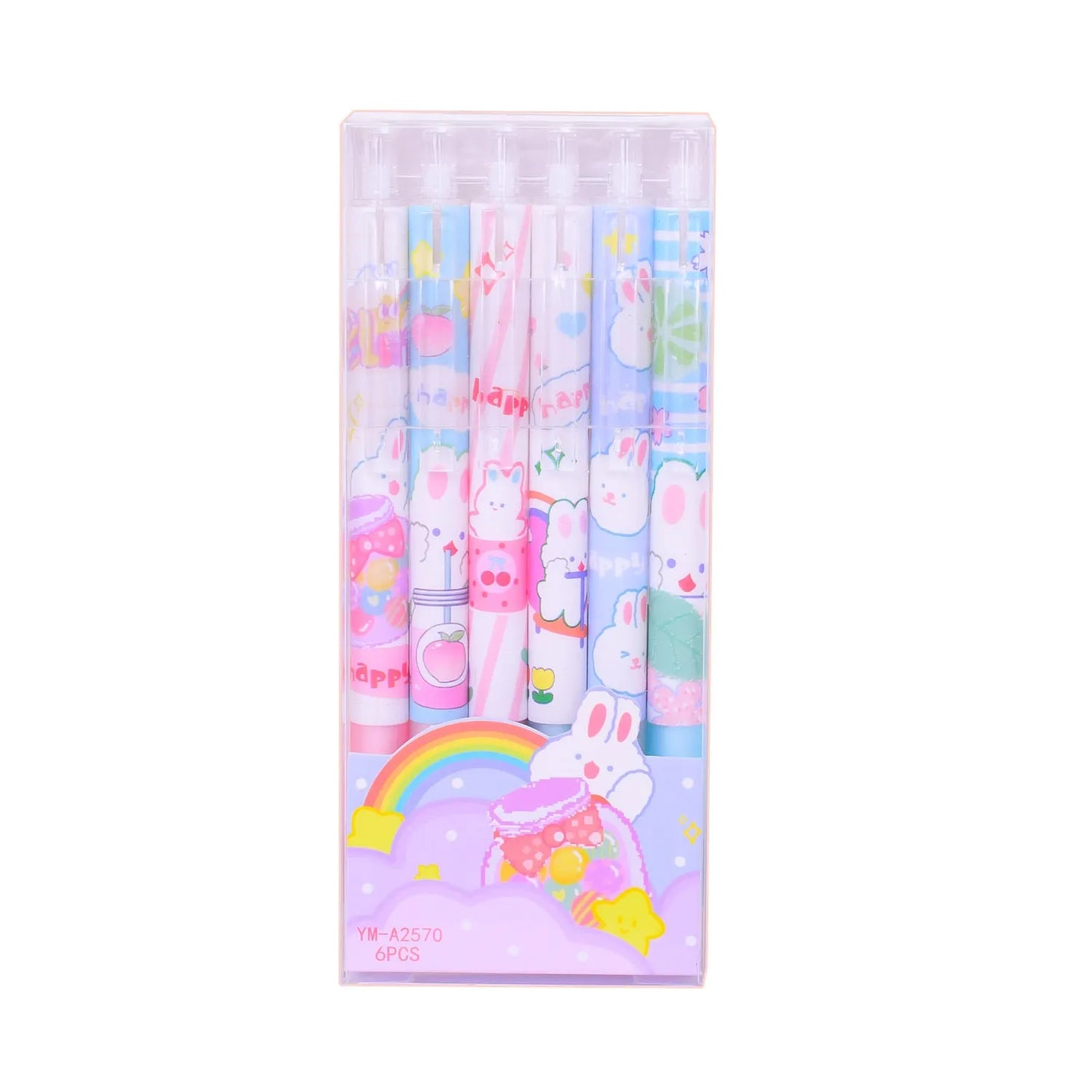 Six black ballpoint pens with cartoon bunny designs showing 0.5mm tips for writing