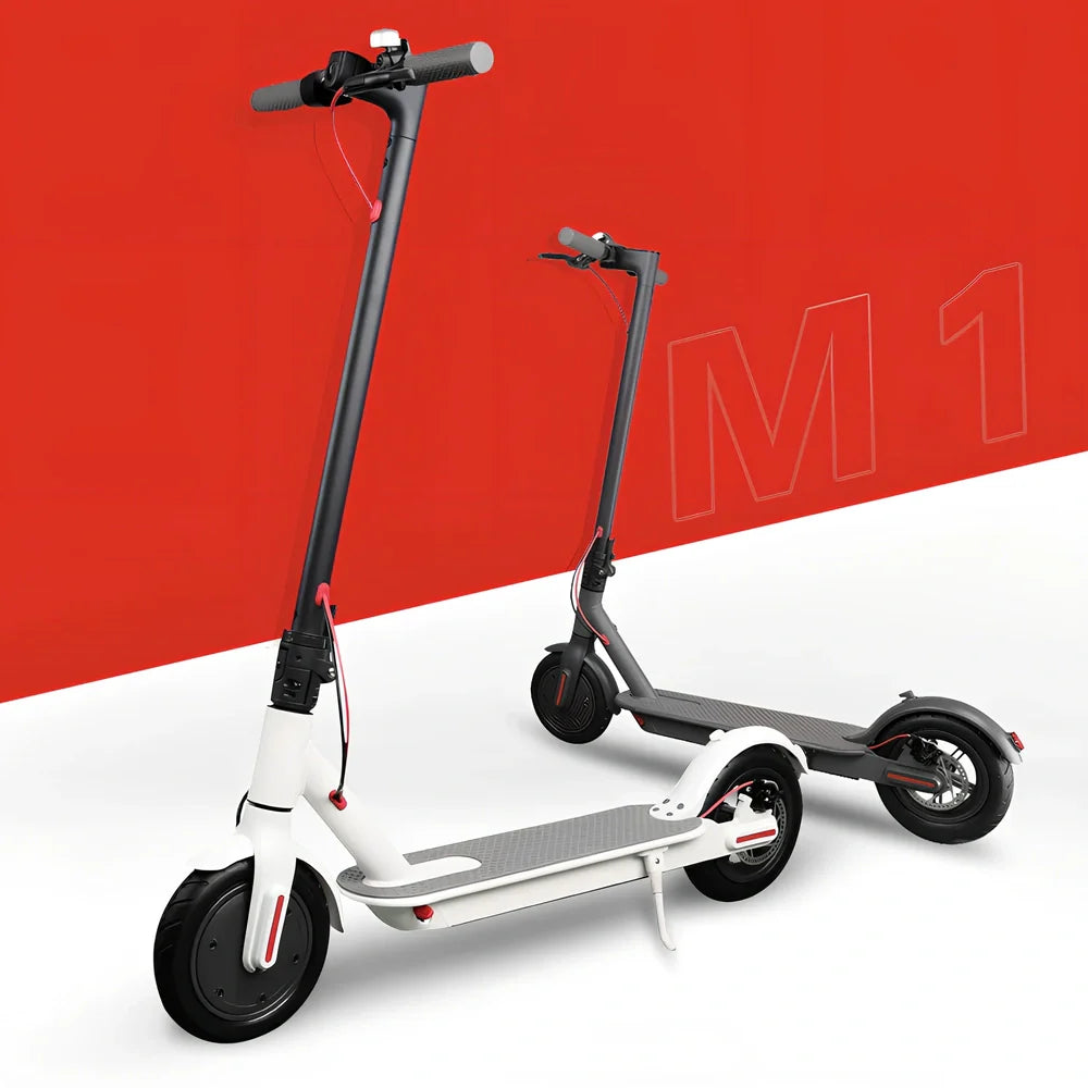 Black foldable electric scooter with 8.5-inch wheels showing compact 112cm folded length