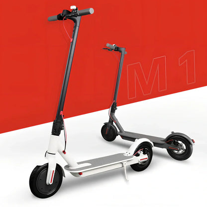 Black foldable electric scooter with 8.5-inch wheels showing compact 112cm folded length