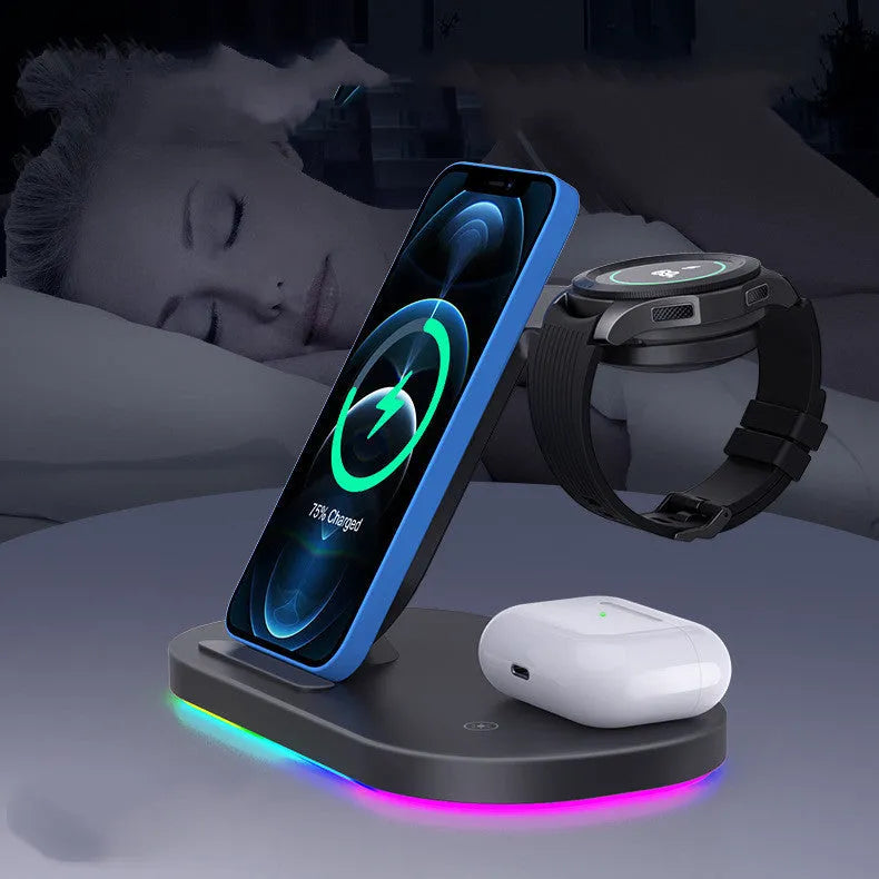 Black and white 15W three-in-one wireless charger with Type-C interface
