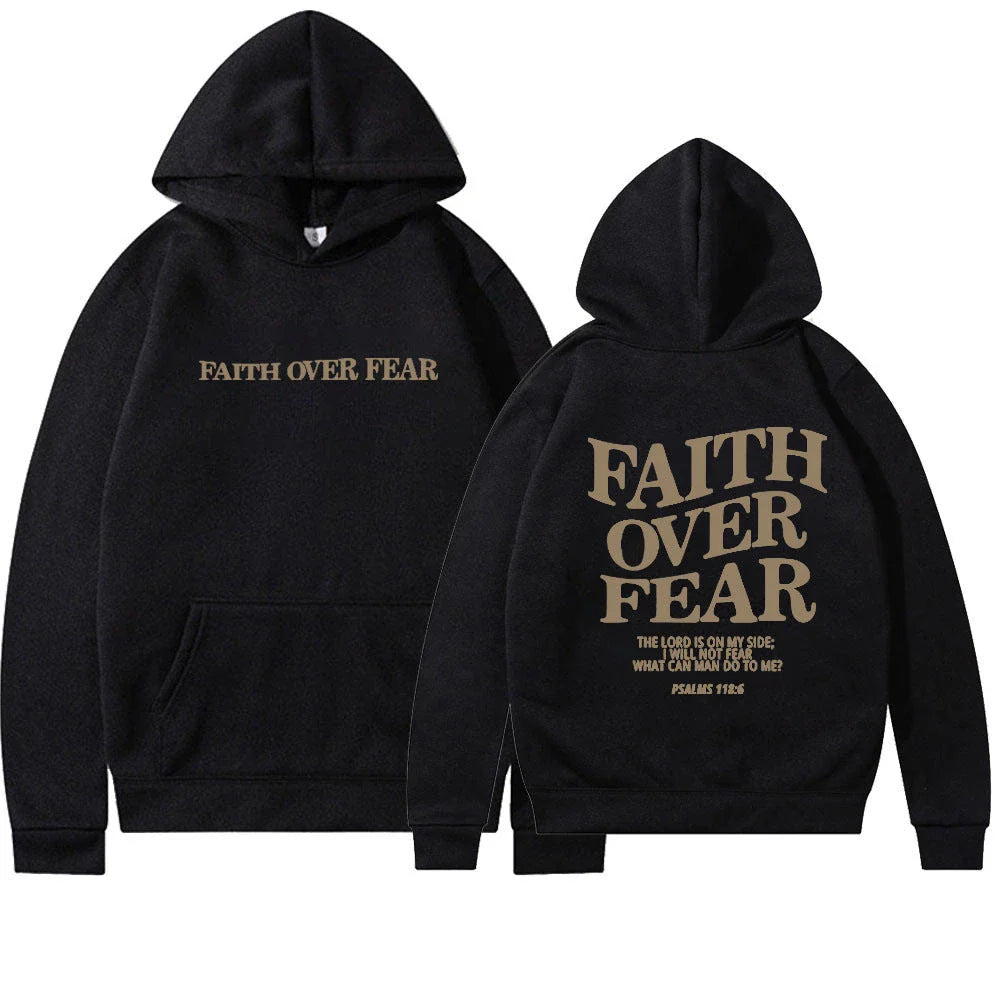A stylish Christian hoodie with inspirational graphics and a message of faith over fear