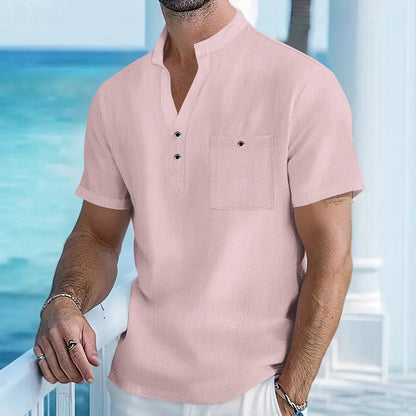 Stand collar linen T-shirt for men in loose pullover style with short sleeves, showing hemp-blended fabric texture