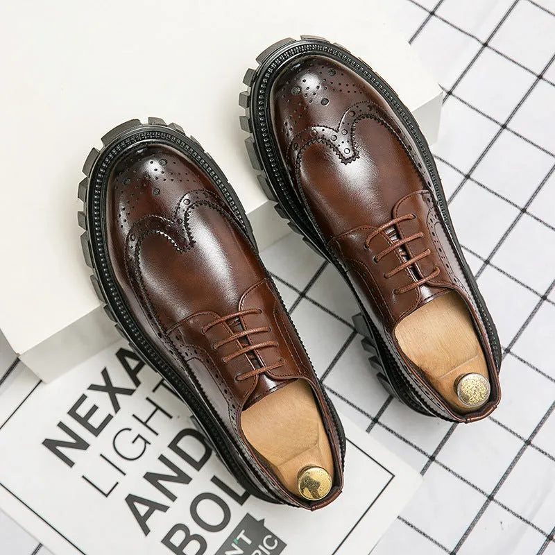Men's black and brown artificial PU brogue shoes with round toe on white background